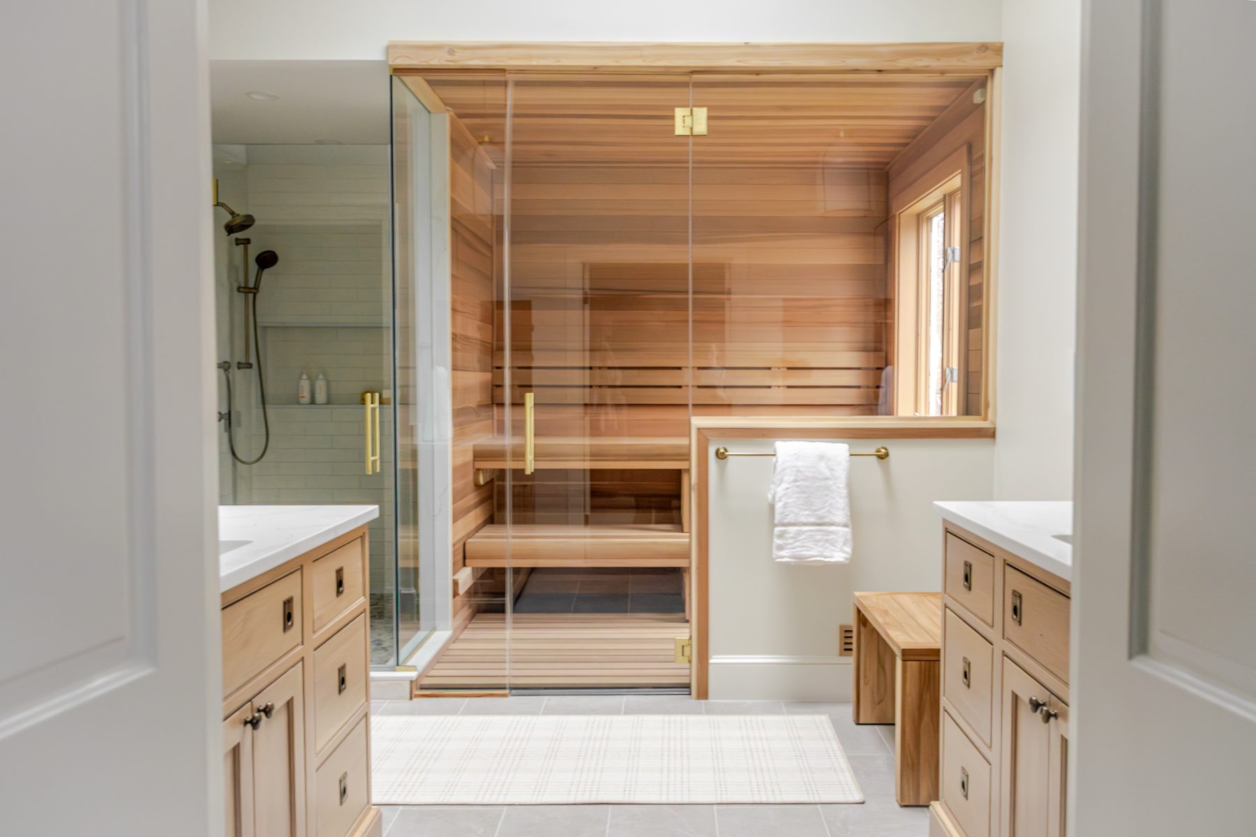 Primary bathroom with cedar sauna and twin vanities, Phoenix MD